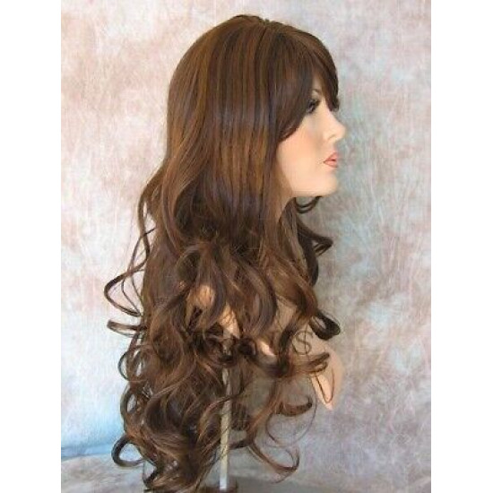 HB NOELLE | Brown Strawberry Mix Long Wig Human Hair Blend HEAT OK Curly Bangs 