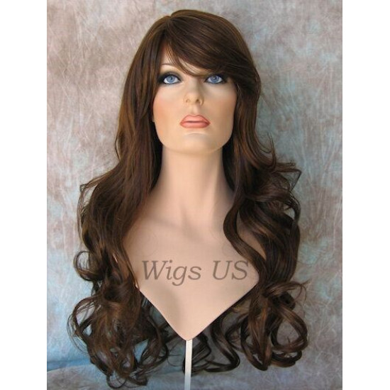 HB NOELLE | Brown Strawberry Mix Long Wig Human Hair Blend HEAT OK Curly Bangs 