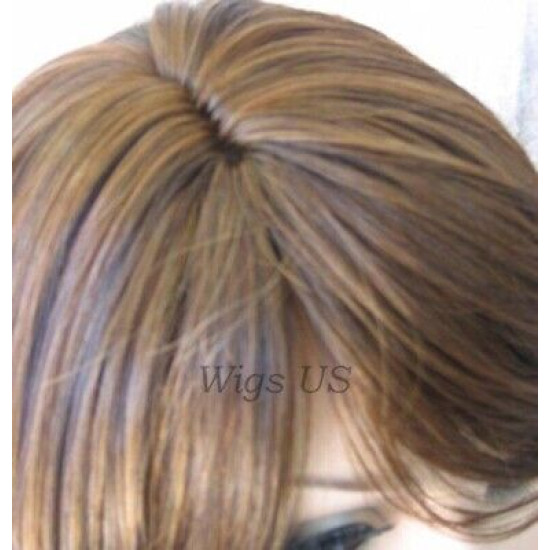 HB NOELLE | Brown Strawberry Mix Long Wig Human Hair Blend HEAT OK Curly Bangs 