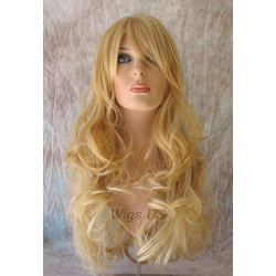 HB NOELLE | Golden Blonde Mix Long Wig Human Hair Blend HEAT OK Curly Bangs 