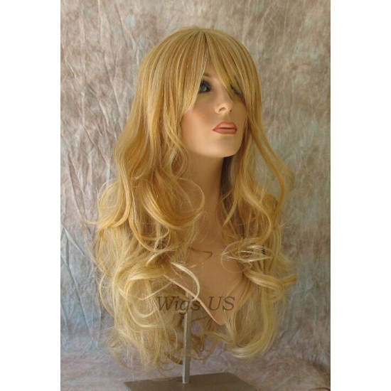 HB NOELLE | Golden Blonde Mix Long Wig Human Hair Blend HEAT OK Curly Bangs 