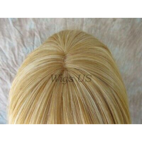 HB NOELLE | Golden Blonde Mix Long Wig Human Hair Blend HEAT OK Curly Bangs 
