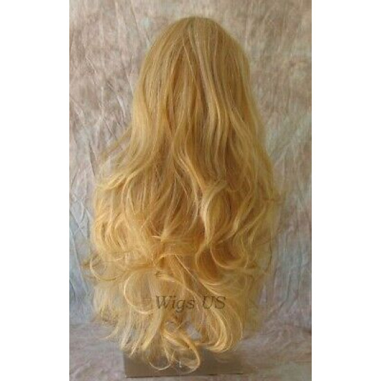 HB NOELLE | Golden Blonde Mix Long Wig Human Hair Blend HEAT OK Curly Bangs 