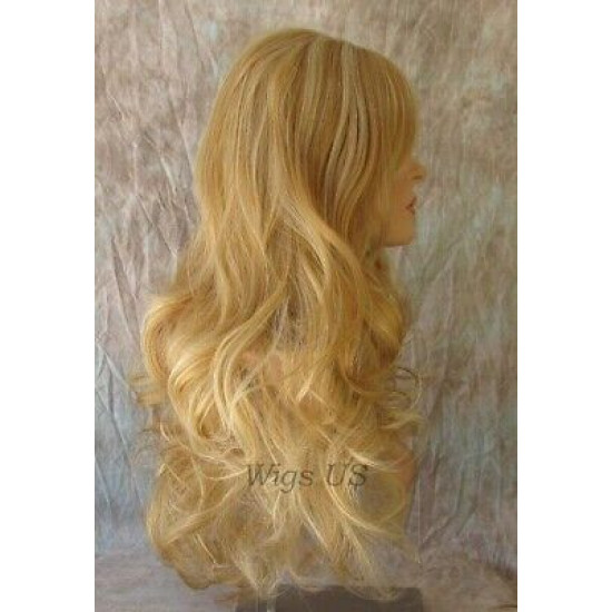 HB NOELLE | Golden Blonde Mix Long Wig Human Hair Blend HEAT OK Curly Bangs 