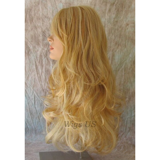 HB NOELLE | Golden Blonde Mix Long Wig Human Hair Blend HEAT OK Curly Bangs 