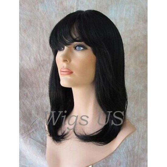 HM MEGAN | Jet Black 100% Human Hair Wig Bangs Skin Part Shoulder Length 1 