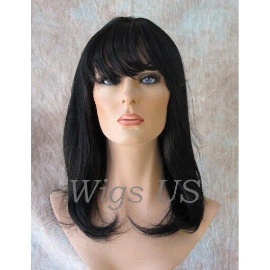 HM MEGAN | Jet Black 100% Human Hair Wig Bangs Skin Part Shoulder Length 1 