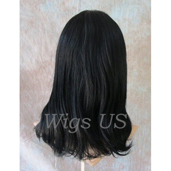 HM MEGAN | Jet Black 100% Human Hair Wig Bangs Skin Part Shoulder Length 1 