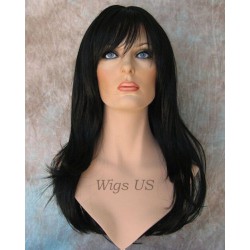 HB MELINDA | Black Long Wig Layers Human Hair Blend Bangs Simulated Part 