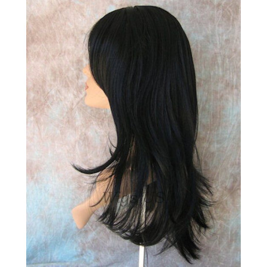 HB MELINDA | Black Long Wig Layers Human Hair Blend Bangs Simulated Part 