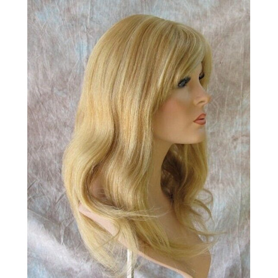 LYDIA HH | Medium Blonde 100% Human Hair Wig Long Waves Skin Part Bangs 