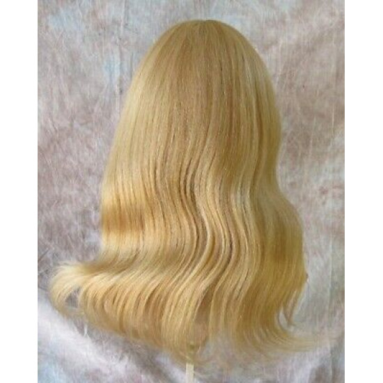 LYDIA HH | Medium Blonde 100% Human Hair Wig Long Waves Skin Part Bangs 