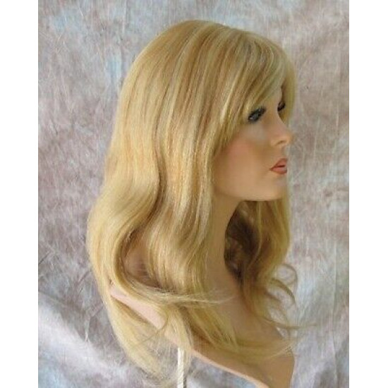 LYDIA HH | Medium Blonde 100% Human Hair Wig Long Waves Skin Part Bangs 