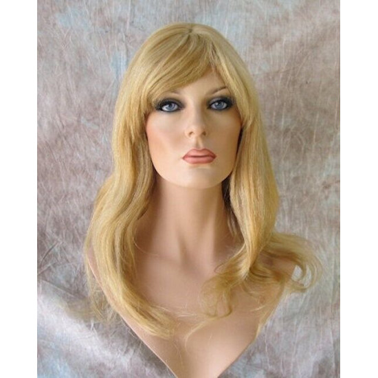 LYDIA HH | Medium Blonde 100% Human Hair Wig Long Waves Skin Part Bangs 