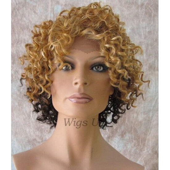 LF MONIQUE | Blonde over Brown Lace Trim Wig Short Sexy Curls HEAT OK F2032 