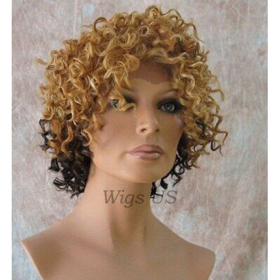 LF MONIQUE | Blonde over Brown Lace Trim Wig Short Sexy Curls HEAT OK F2032 