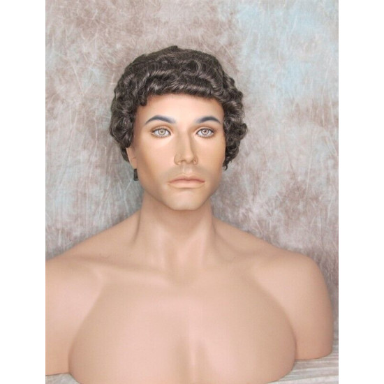 JUSTIN | Chestnut Brown Gray Men's Wig Short Tight Curls "Will Ferrell Style"