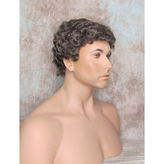 JUSTIN | Chestnut Brown Gray Men's Wig Short Tight Curls "Will Ferrell Style"